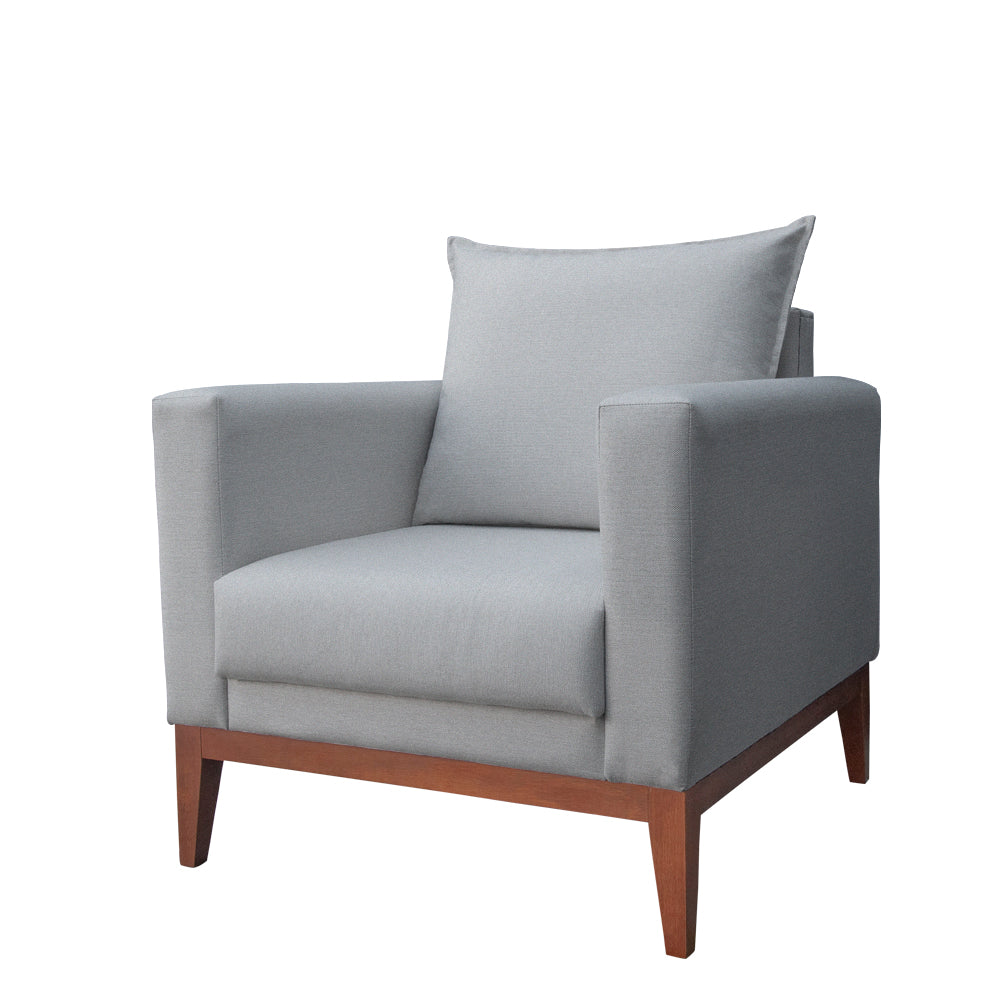 Poltrona Classic Estofada em Linho com Estrutura de Madeira Eucalipto, Almofada Removível e Pés com Requadro – Conforto e Durabilidade