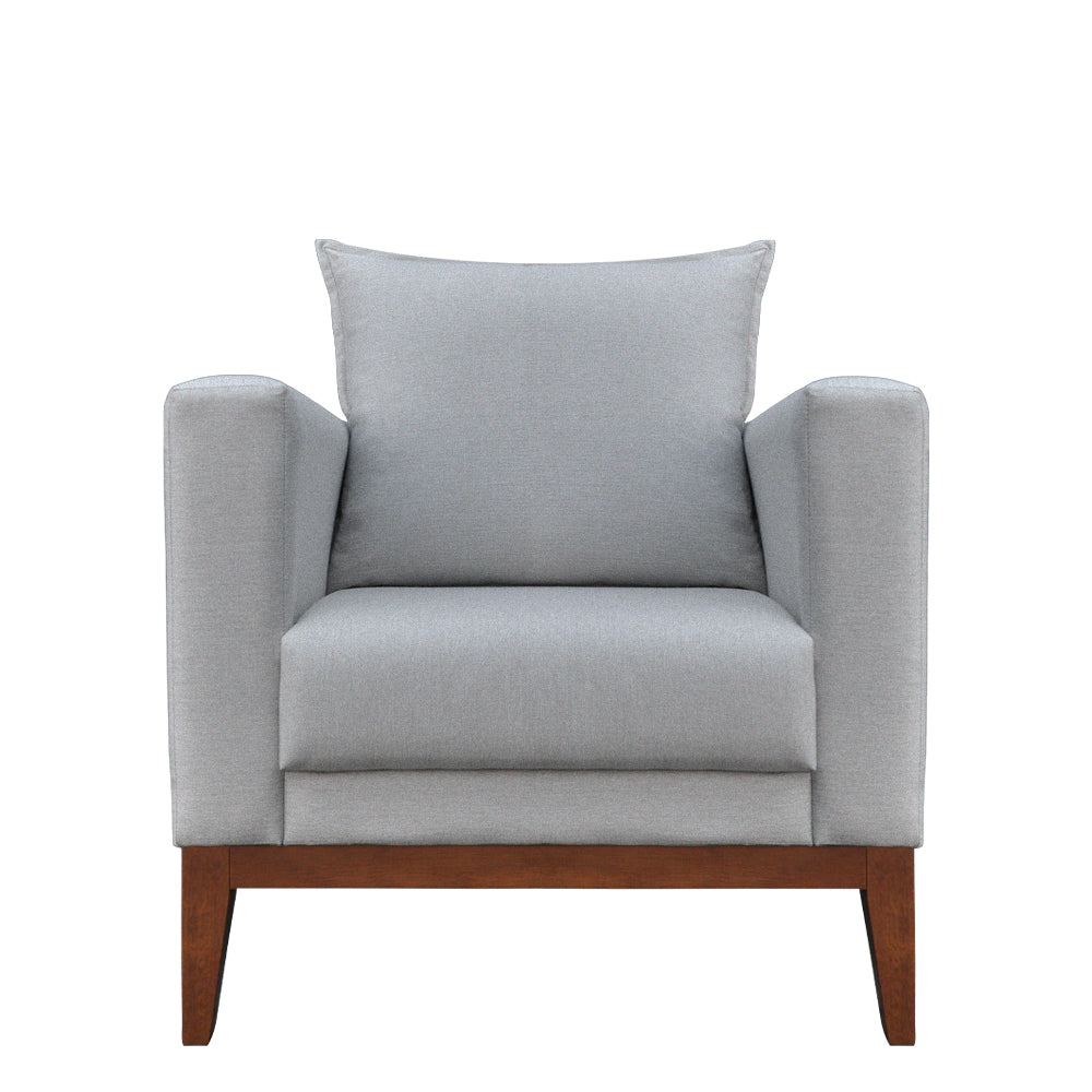 Poltrona Classic Estofada em Linho com Estrutura de Madeira Eucalipto, Almofada Removível e Pés com Requadro – Conforto e Durabilidade