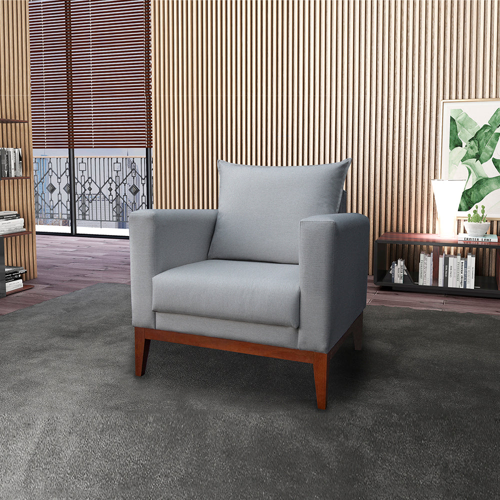 Poltrona Classic Estofada em Linho com Estrutura de Madeira Eucalipto, Almofada Removível e Pés com Requadro – Conforto e Durabilidade