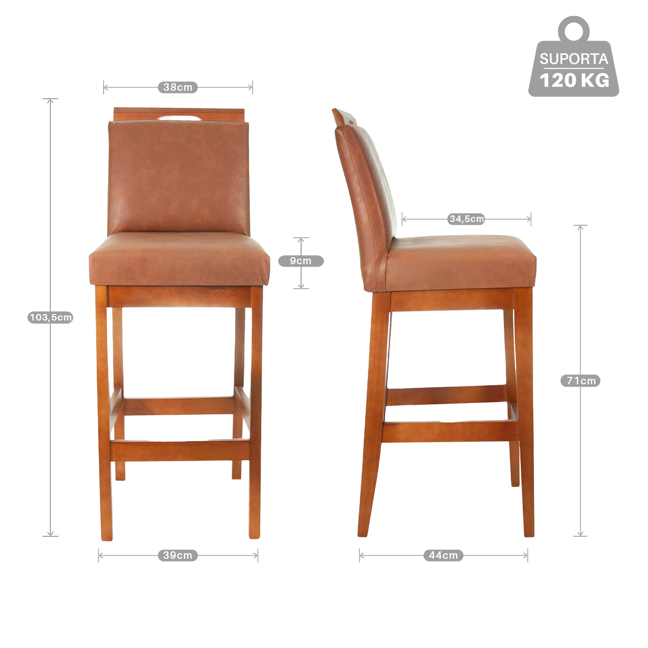 Banqueta Rubi Estofada em Corino com Encosto e Estrutura de Madeira Maciça – Altura 104 cm com Apoio para os Pés, Ideal para Bancada Alta