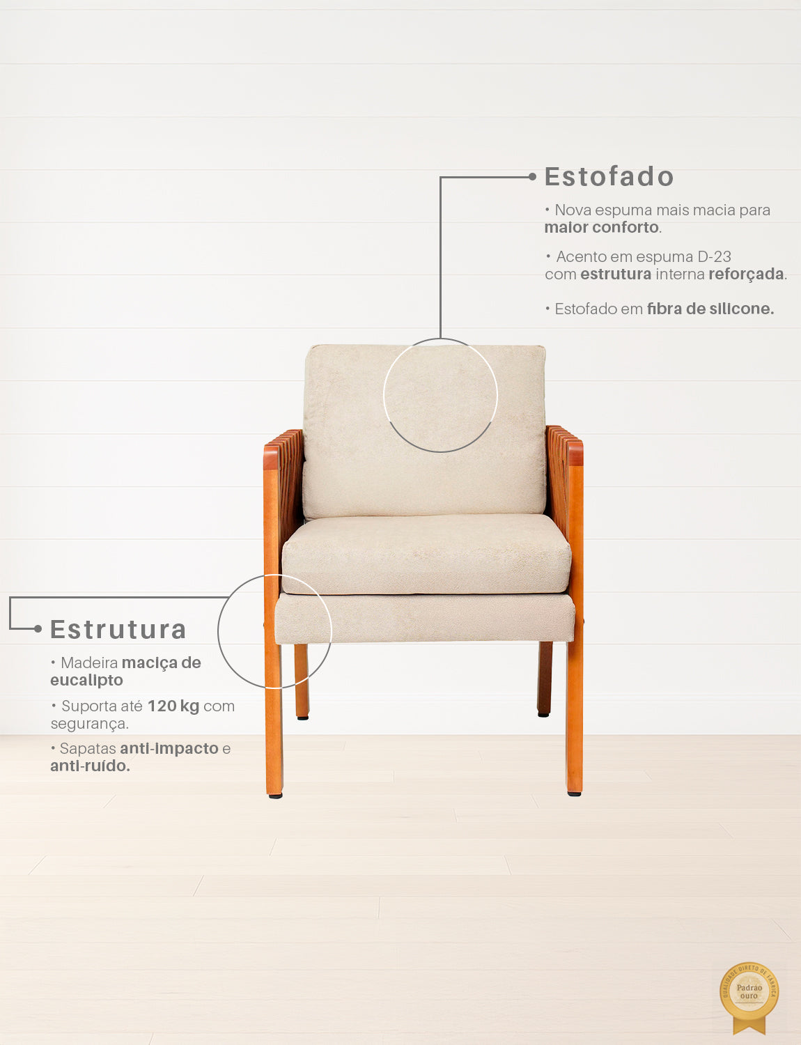 Kit 2 Poltronas Cordova em Madeira Maciça Eucalipto Estofada com Fibra de Silicone – Design Moderno e Conforto para Sala, Escritório ou Recepção