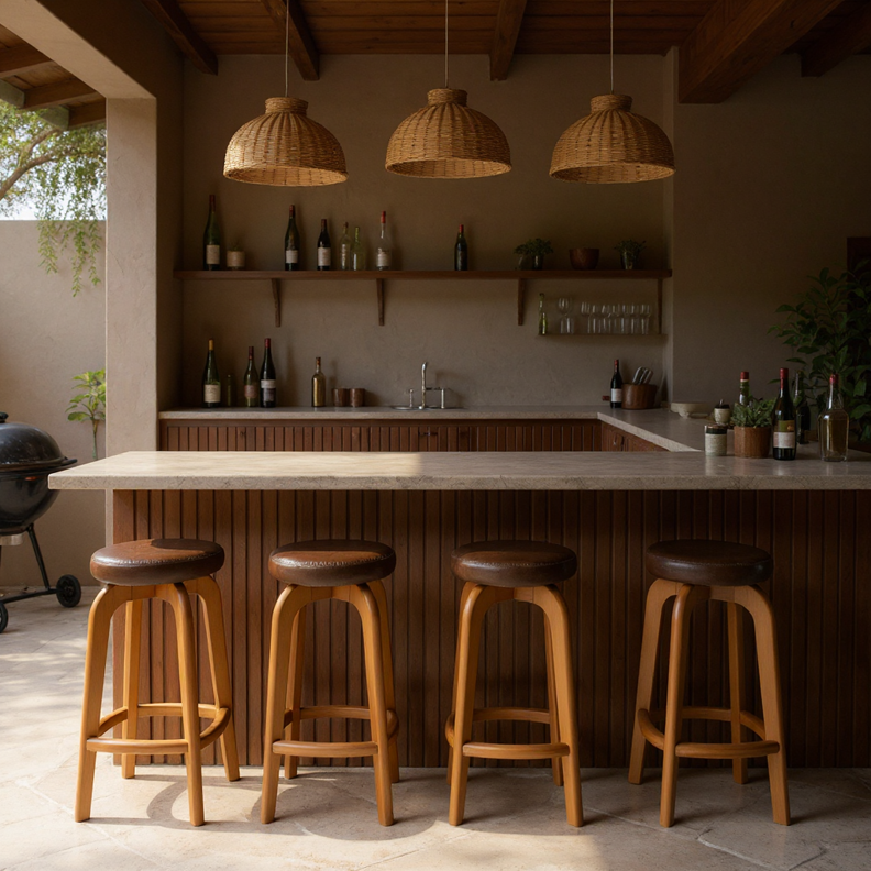 Banqueta de Bar em Madeira Maciça com Assento Estofado em Courino — Conforto e Estilo para Cozinha Gourmet