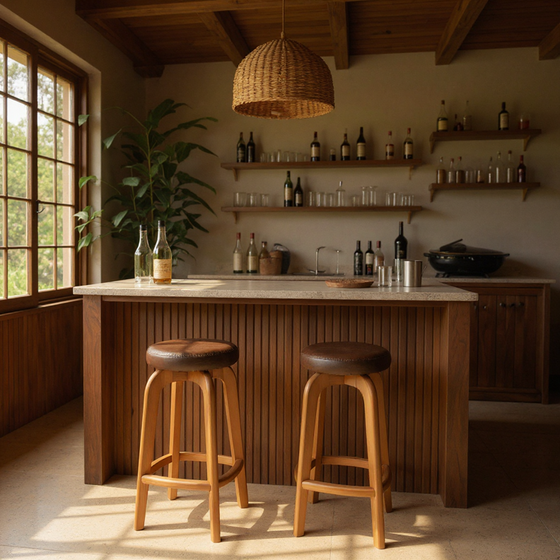 Banqueta de Bar em Madeira Maciça com Assento Estofado em Courino — Conforto e Estilo para Cozinha Gourmet
