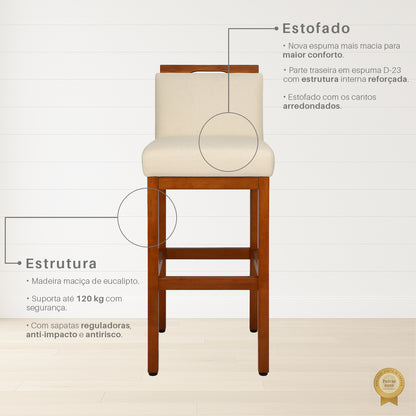 2 Banquetas Safira com Assento Estofado em Tecido Linho e Estrutura de Madeira Maciça – Com Encosto e Apoio para os Pés, Altura 104 cm para Bancadas Altas