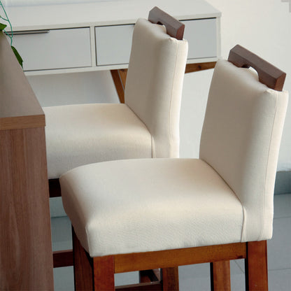 2 Banquetas Safira com Assento Estofado em Tecido Linho e Estrutura de Madeira Maciça – Com Encosto e Apoio para os Pés, Altura 104 cm para Bancadas Altas