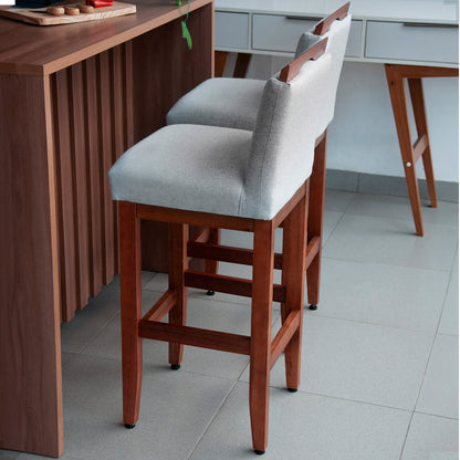 2 Banquetas Safira com Assento Estofado em Tecido Linho e Estrutura de Madeira Maciça – Com Encosto e Apoio para os Pés, Altura 104 cm para Bancadas Altas