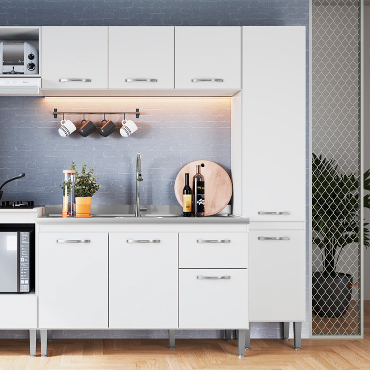 Paneleiro de Cozinha Light com 3 Prateleiras — MDP de Alta Qualidade com 2 Portas e Pés com Regulagem para Otimizar Espaço e Manter a Cozinha Organizada