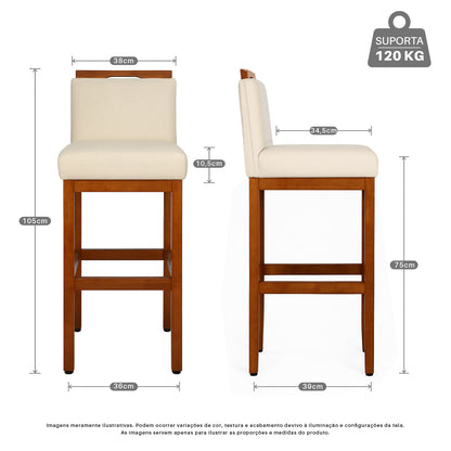 2 Banquetas Safira com Assento Estofado em Tecido Linho e Estrutura de Madeira Maciça – Com Encosto e Apoio para os Pés, Altura 104 cm para Bancadas Altas