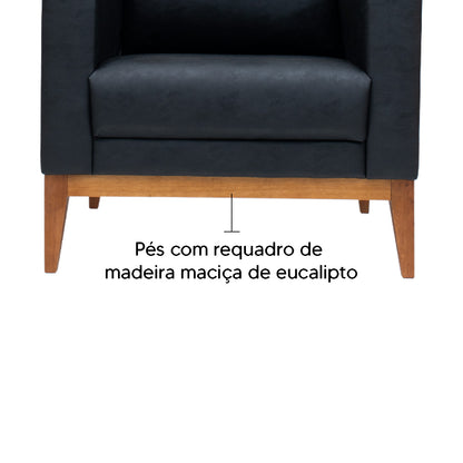 Poltrona Classic Estofada em Corino com Estrutura de Madeira Eucalipto, Almofada Removível