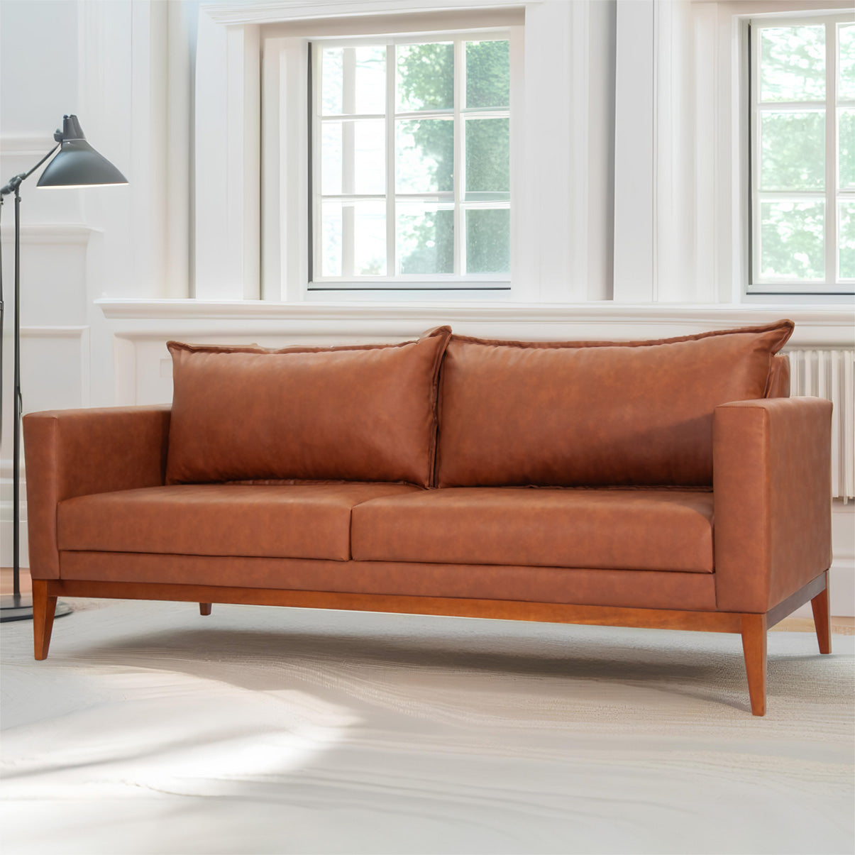 Sofá 3 Lugares Classic Corino com 2 Almofadas 2m Estrutura em Madeira de Eucalipto