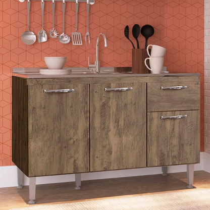 Balcão de Cozinha 120cm 3 Portas 1 Gaveta sem Tampo com Pés Reguláveis