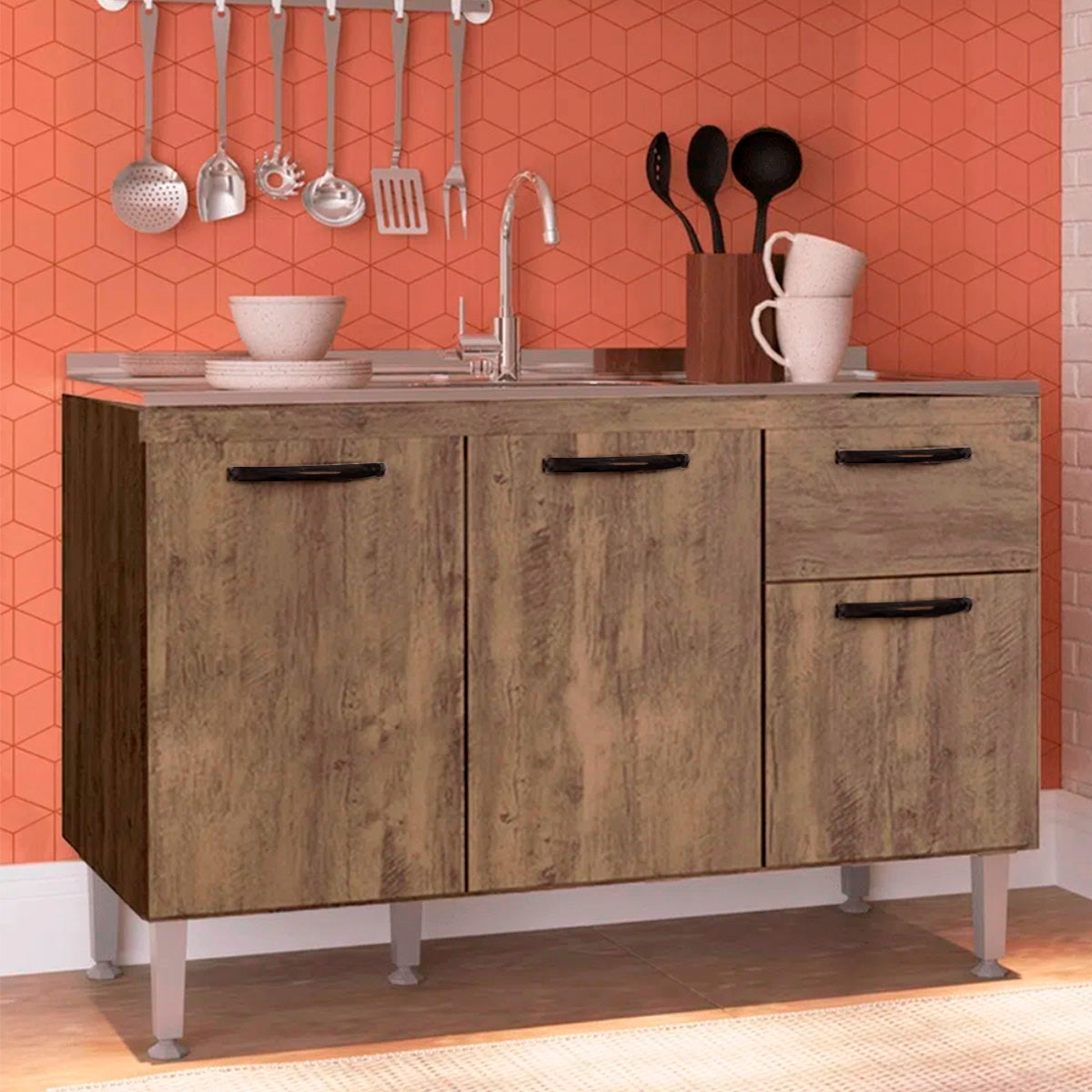 Balcão Cozinha 120cm 3 Portas – Sem Tampo
