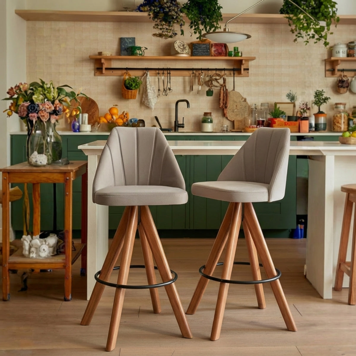 Banqueta Pérola Giratória com Assento Estofado, Encosto Alto e Estrutura de Madeira Maciça