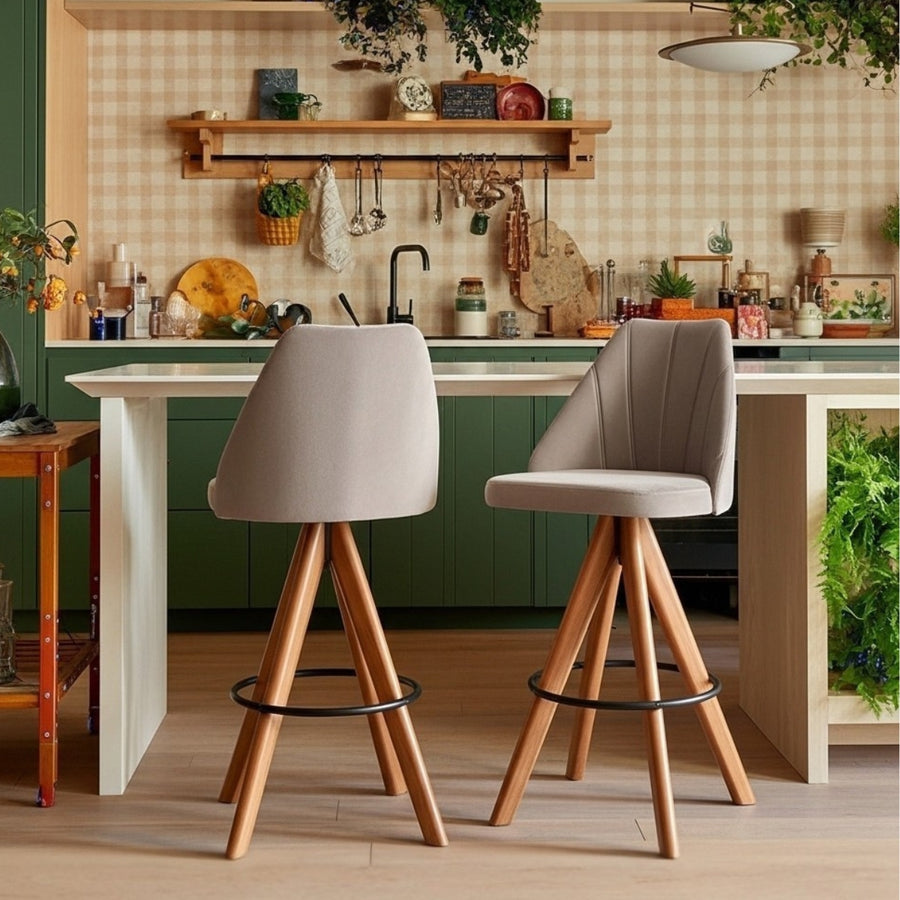 Kit 2 Banquetas Pérola Giratória com Assento Estofado, Encosto Alto e Estrutura de Madeira Maciça