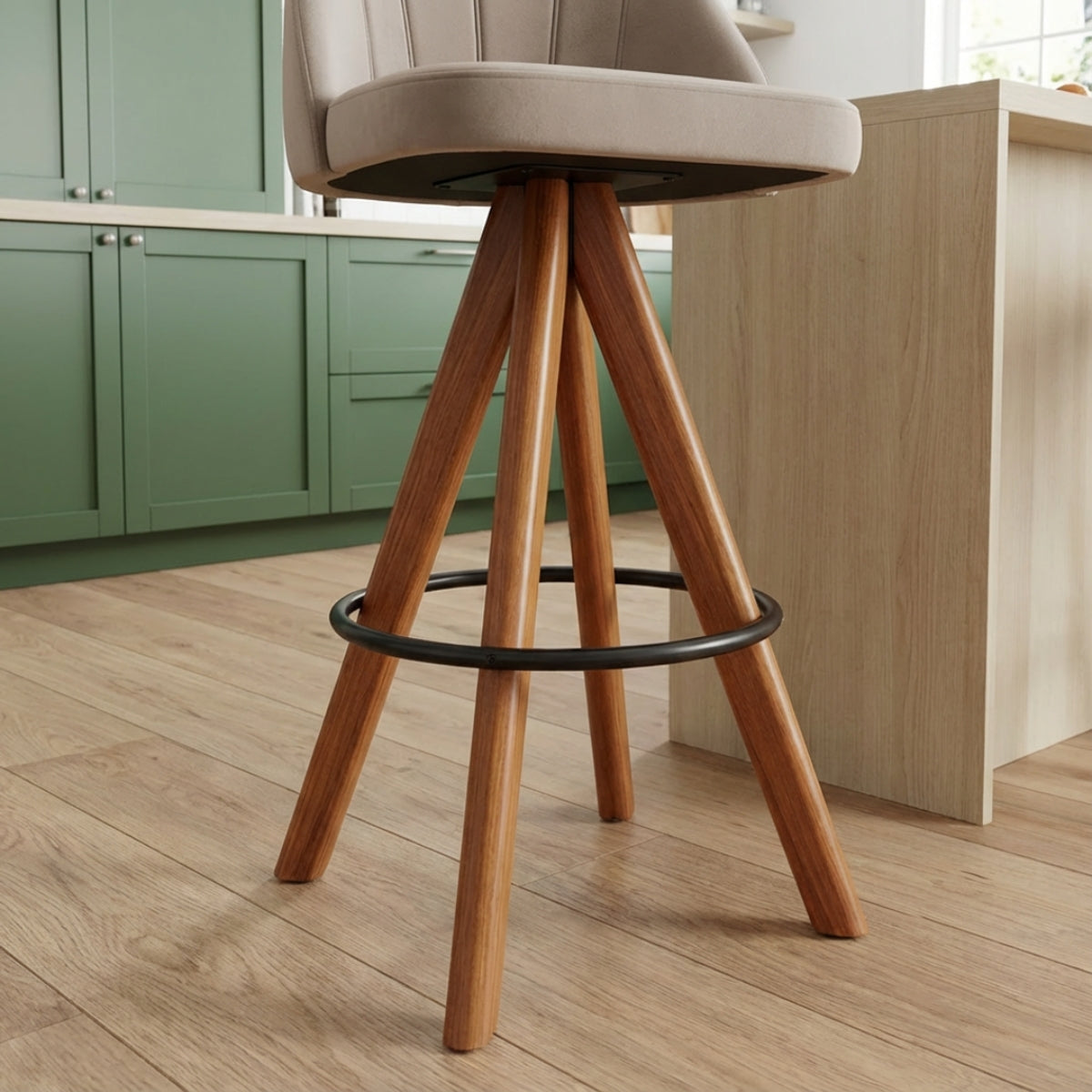 Banqueta Pérola Giratória com Assento Estofado, Encosto Alto e Estrutura de Madeira Maciça