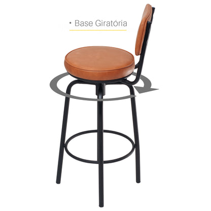 Kit 2 Banquetas Altas Giratórias Nala em aço com descanso de pés, ideal para cozinha, bancada e área gourmet