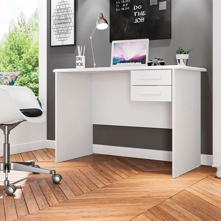 Mesa de Escritório Plus com 2 Gavetas 107cm Branca