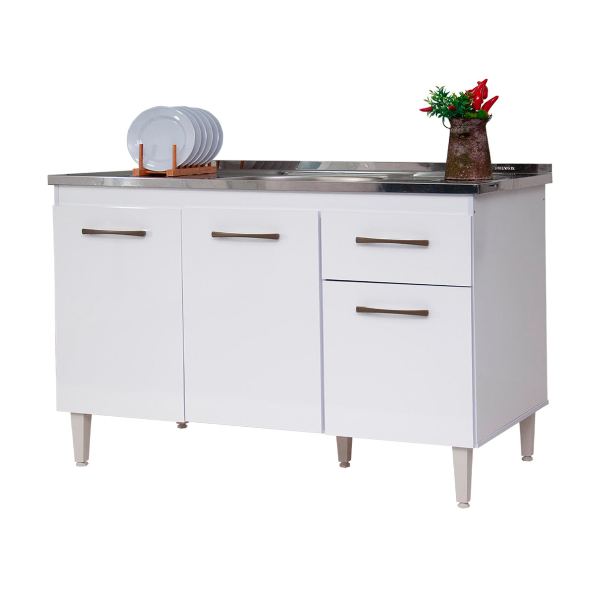 Balcão de Cozinha 118cm com 3 Portas e Gaveta com Corrediça Metálica e Estrutura em MDF/MDP — Praticidade para Cozinha Compacta (Sem Tampo)