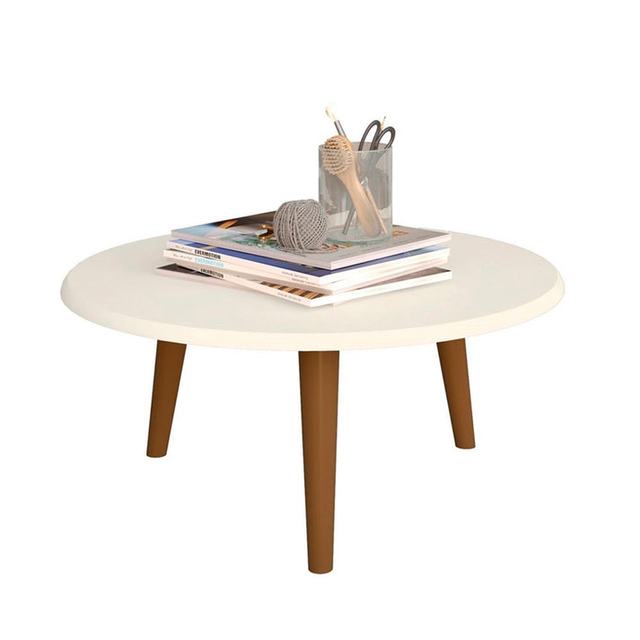 Mesa de centro redonda branca com pés em madeira