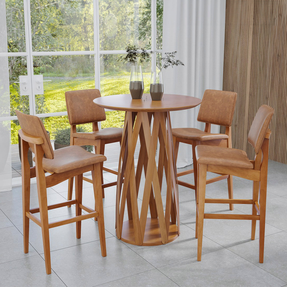Banqueta Alta Madri com Estrutura em Madeira Maciça e Assento Estofado – Encosto Ergonômico e Altura Ideal para Bancadas Gourmet ou Cozinhas Americanas