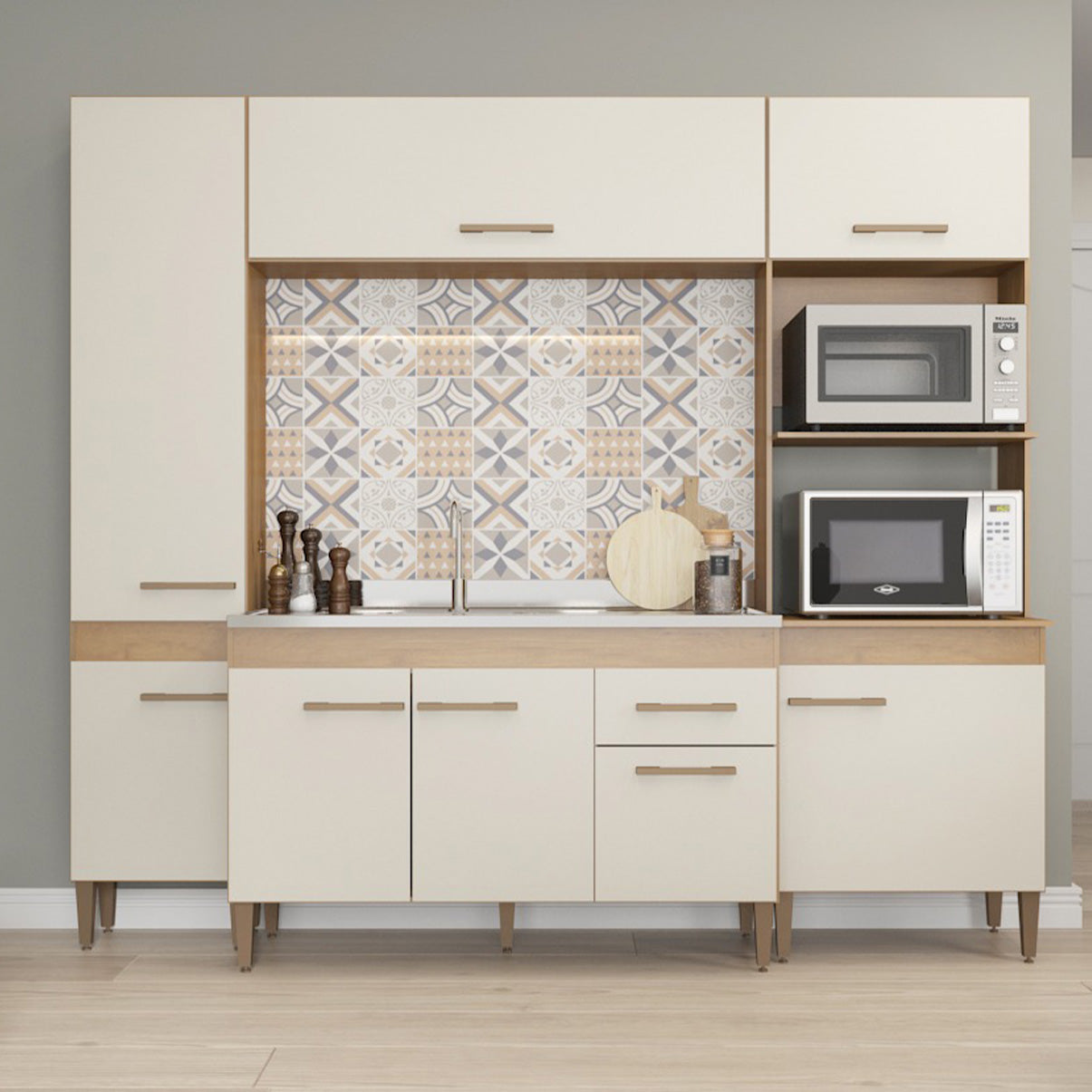 Paneleiro Marta 2 Portas 200cm — MDP com Pés Ajustáveis, Puxadores em ABS e Design Compacto para Cozinha Organizada e Funcional