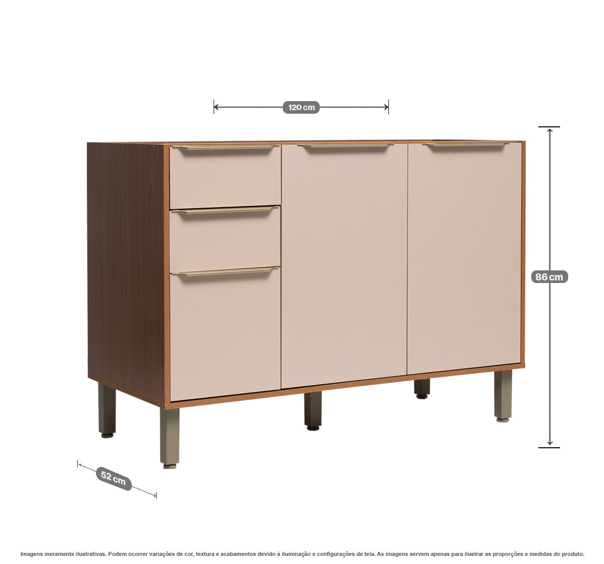 Balcão de Cozinha 120cm Sem Tampo com 2 Gavetas Corrediça Telescópica e Pés Reguláveis Divina