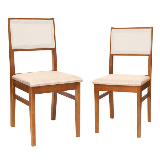 Kit 2 Cadeiras de jantar em madeira com estofado confortável, ideal para salas modernas. Acabamento em verniz UV e estrutura resistente de alta qualidade.