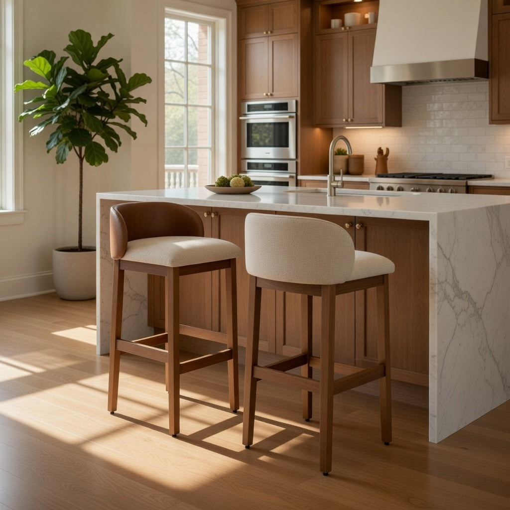 Kit 2 Banquetas Alta Marfim Estofada em Linho – Estrutura em Madeira