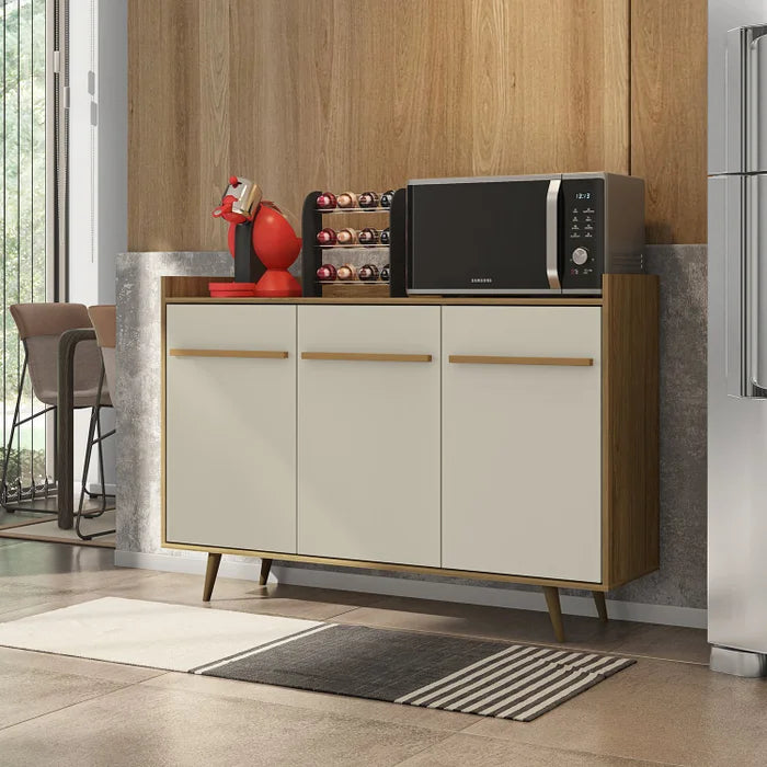 Aparador Buffet Quartzo 3 Portas com pés de madeira maciça com Prateleiras Internas para Sala de Jantar