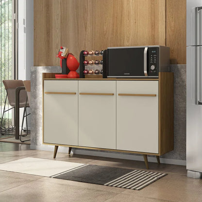 Aparador Buffet Quartzo 3 Portas com pés de madeira maciça com Prateleiras Internas para Sala de Jantar