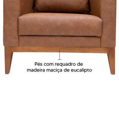 Poltrona Classic Estofada em Corino com Estrutura de Madeira Eucalipto, Almofada Removível