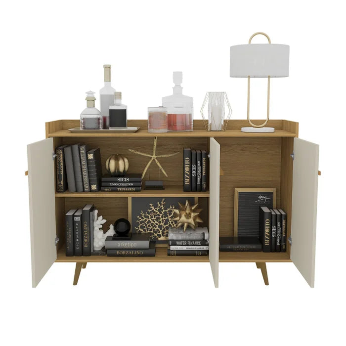 Aparador Buffet Quartzo 3 Portas com pés de madeira maciça com Prateleiras Internas para Sala de Jantar