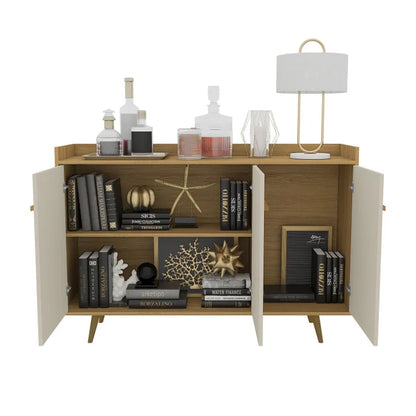 Aparador Buffet Quartzo 3 Portas com pés de madeira maciça com Prateleiras Internas para Sala de Jantar