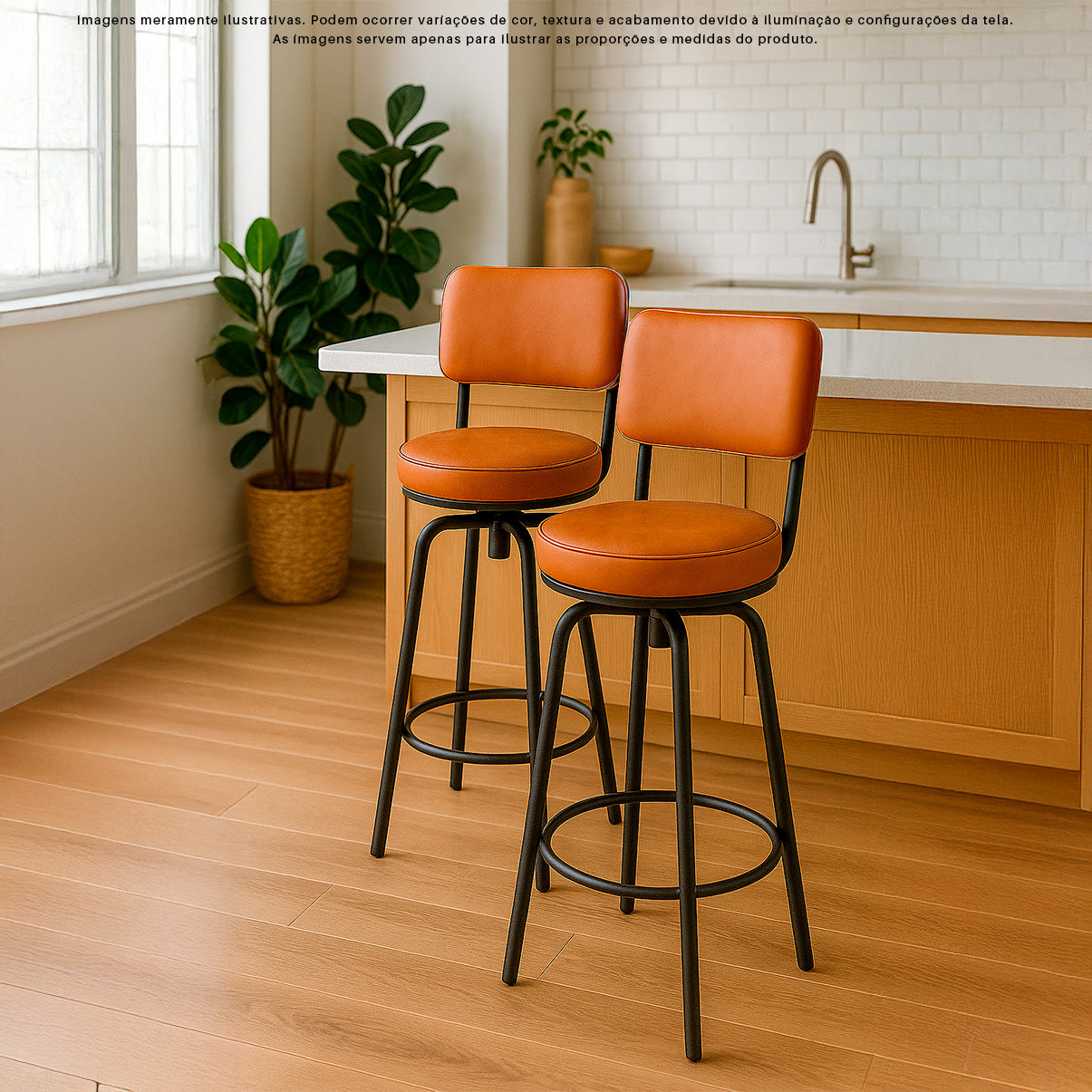 Kit 2 Banquetas Altas Giratórias Nala em aço com descanso de pés, ideal para cozinha, bancada e área gourmet