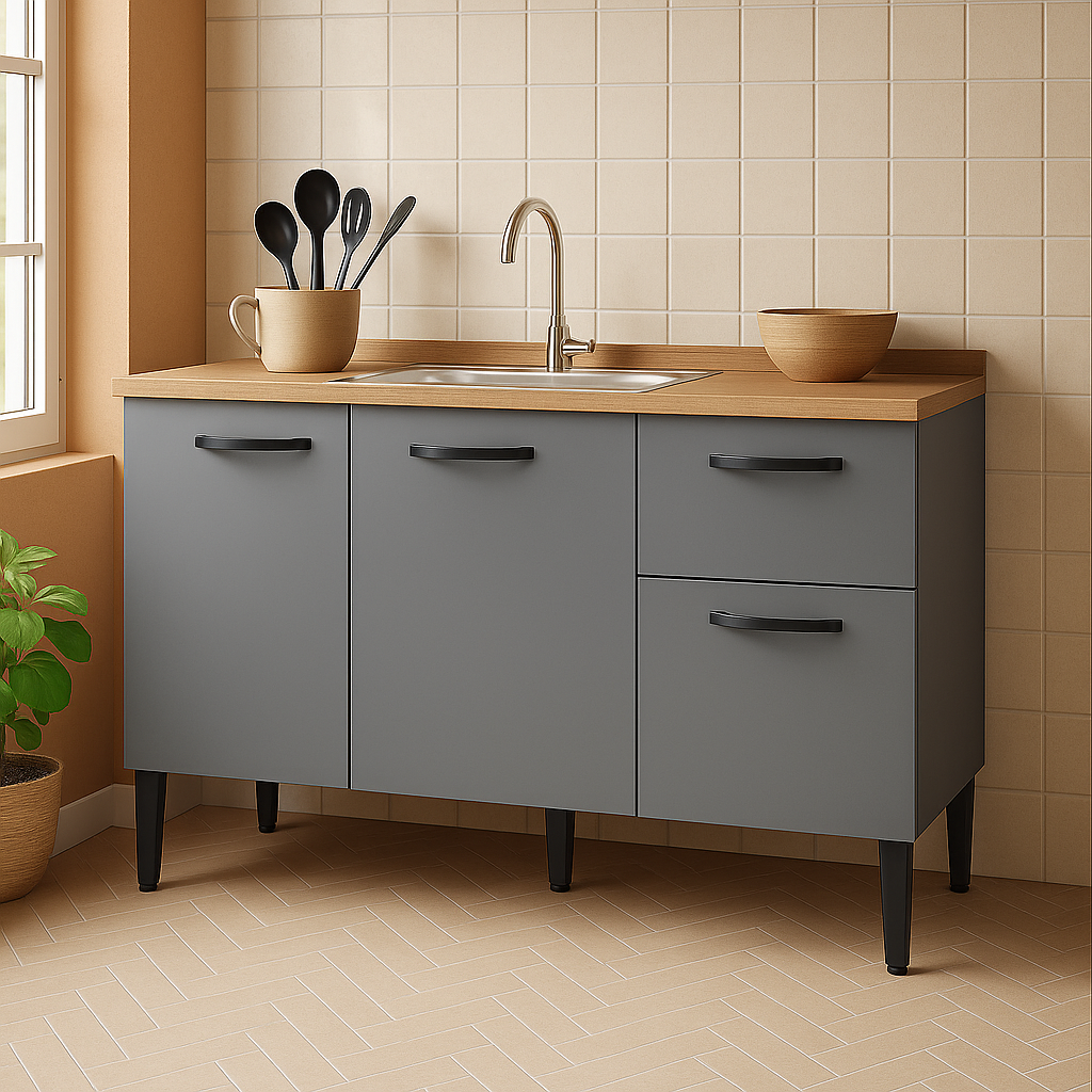 Balcão de Cozinha 120cm 3 Portas 1 Gaveta sem Tampo com Pés Reguláveis