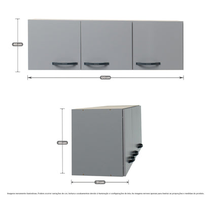Armário Aéreo de Cozinha Light 1,20m — Estrutura em MDP 12mm com Pintura UV, 3 Portas e Dobradiças Metálicas para Organizar Cozinha Compacta