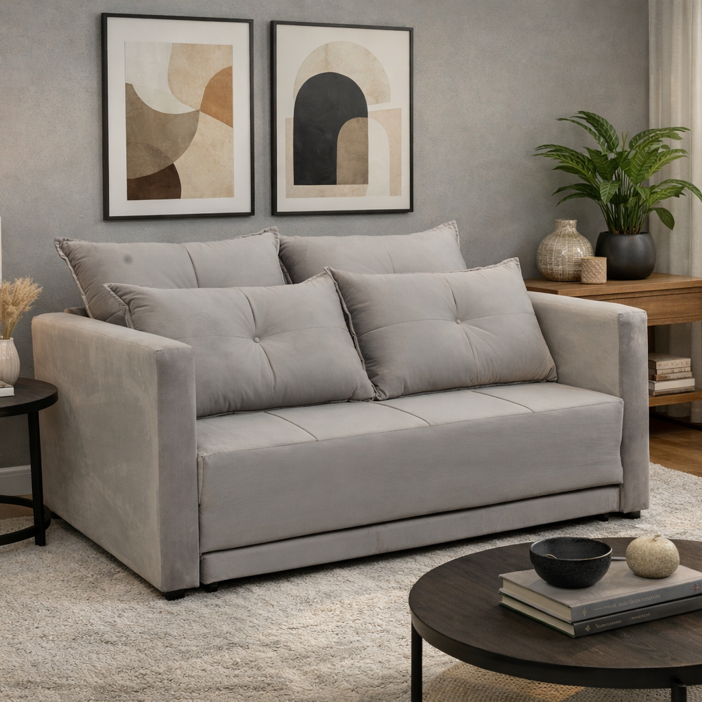 Sofá-Cama Novitá — Compacto, Confortável e Prático (Espuma D26)