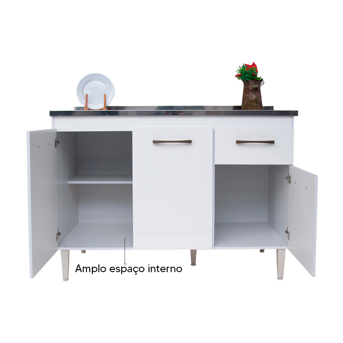 Balcão de Cozinha 118cm com 3 Portas e Gaveta com Corrediça Metálica e Estrutura em MDF/MDP — Praticidade para Cozinha Compacta (Sem Tampo)