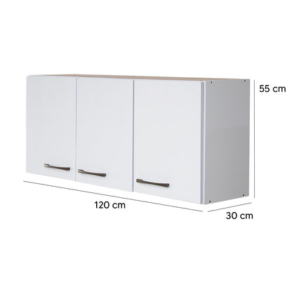 Armário Aéreo de Cozinha Carol 120cm — Estrutura em MDF e MDP com Pintura UV, 3 Portas com Dobradiças Metálicas e 2 Prateleiras para Organizar a Cozinha