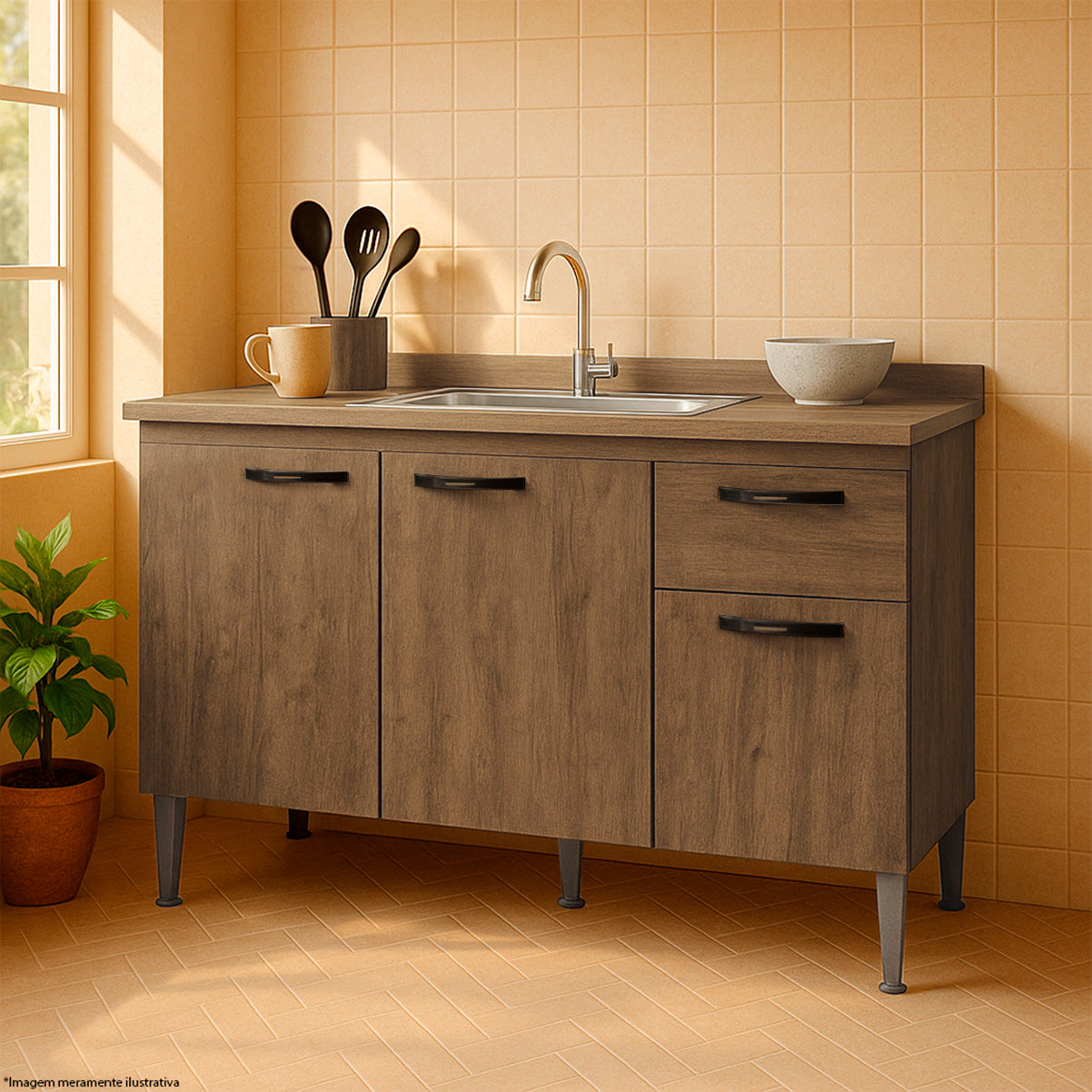 Balcão Cozinha 120cm 3 Portas – Sem Tampo