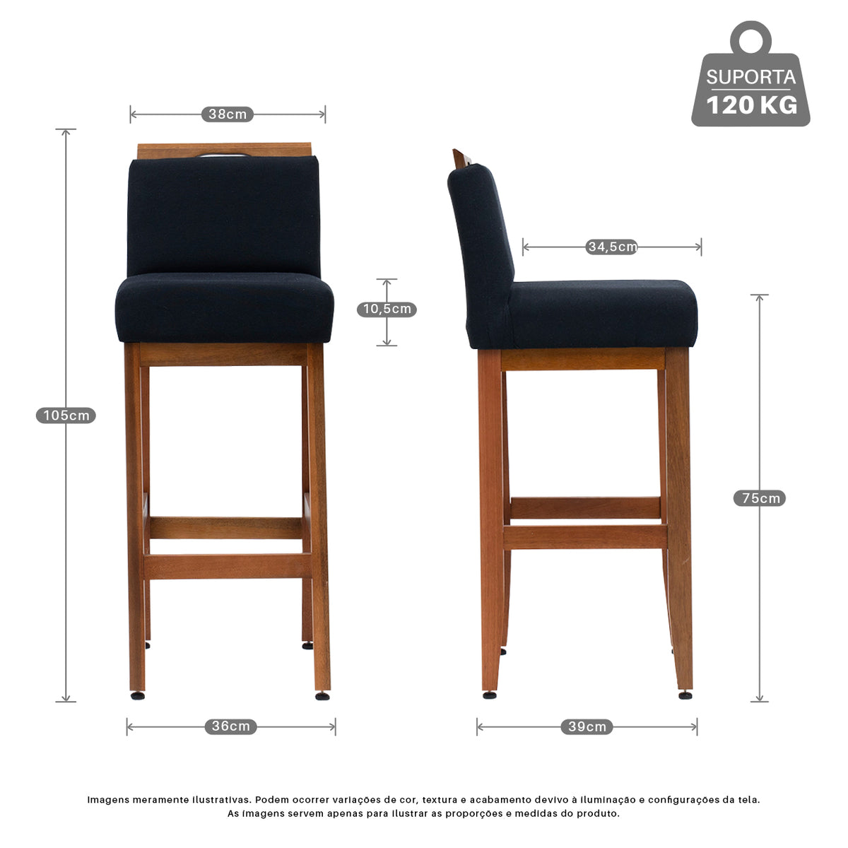 2 Banquetas Safira com Assento Estofado em Tecido Linho e Estrutura de Madeira Maciça – Com Encosto e Apoio para os Pés, Altura 104 cm para Bancadas Altas