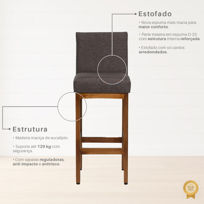 Banqueta Alta Jade Estofada com Estrutura de Madeira Maciça e Assento em Espuma D23 - Encosto Estofado e Altura Ideal para Bancadas Compactas
