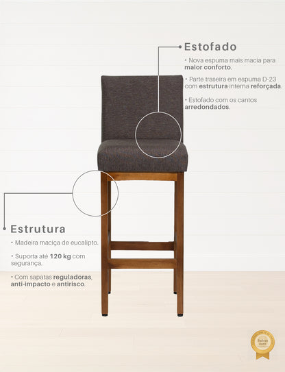Banqueta Alta Jade Estofada com Estrutura de Madeira Maciça e Assento em Espuma D23 - Encosto Estofado e Altura Ideal para Bancadas Compactas