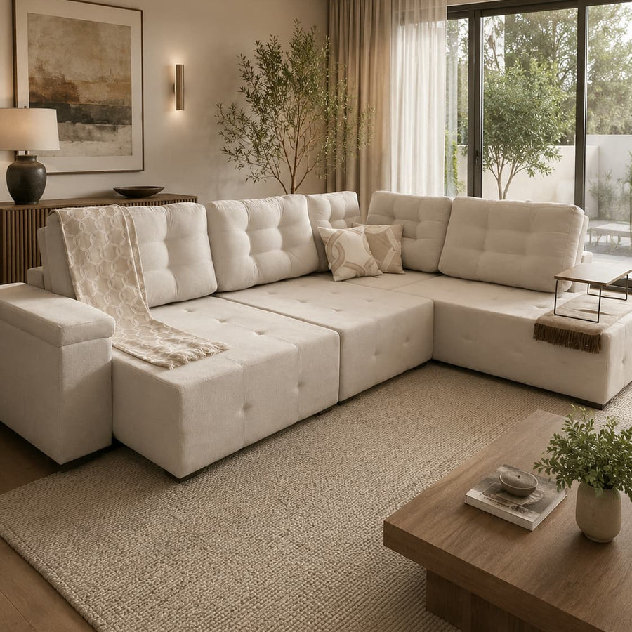 Sofá de Canto Sofisticale 310cm em L Estofado Bege Modular com Chaise