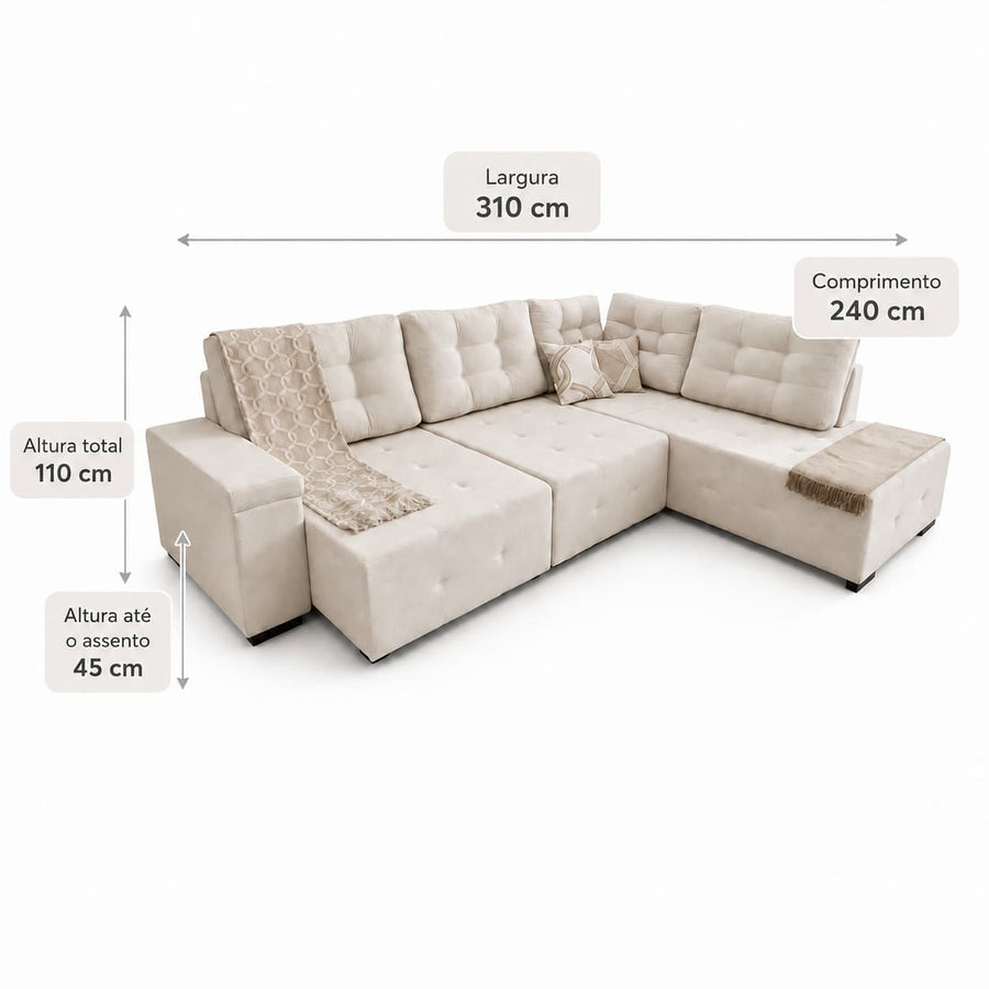 Sofá de Canto Sofisticale 310cm em L Estofado Bege Modular com Chaise