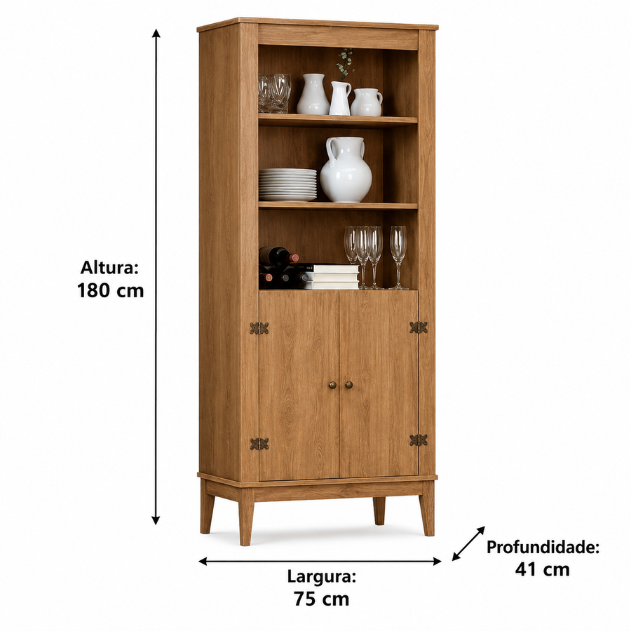 Estante Colonial com 2 Portas, 3 Nichos e Pés de Madeira 75x180 cm