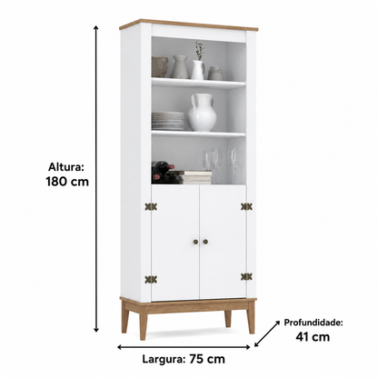 Estante Colonial com 2 Portas, 3 Nichos e Pés de Madeira 75x180 cm