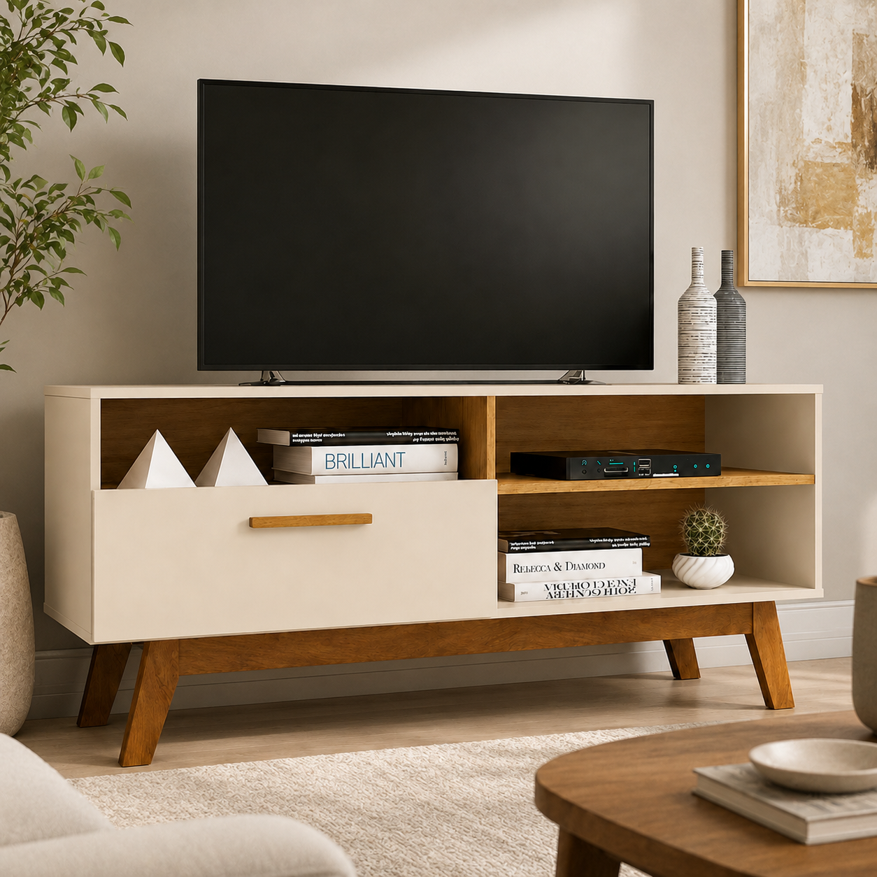 Rack Bancada Paládio  para TV até 55” com Pés de Madeira