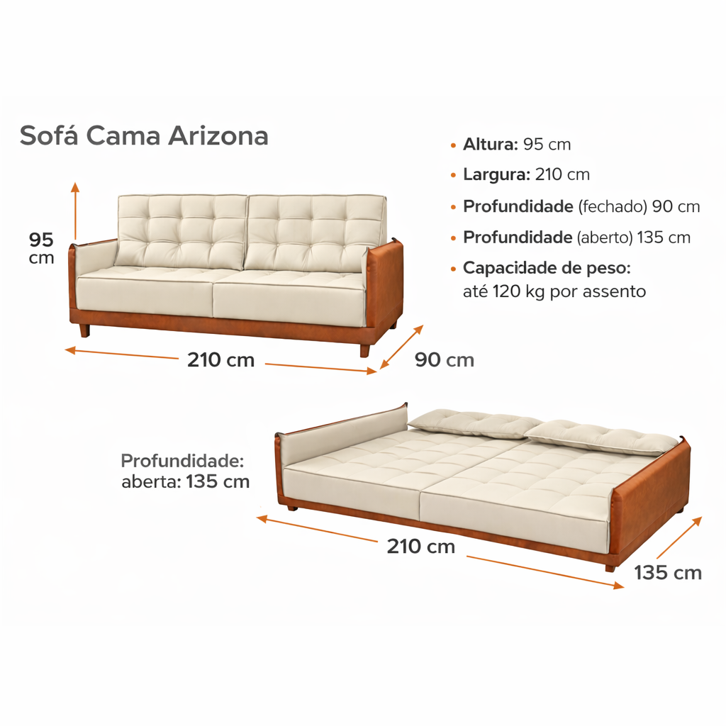 Sofá-Cama Arizona 210cm Linho/Corino – Espuma D28