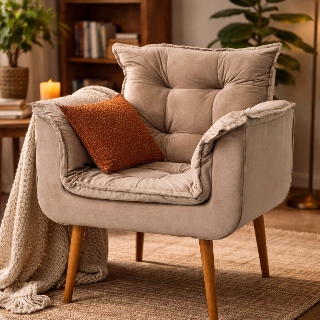 Poltrona Silicia com Pés Palito em Madeira de Eucalipto e Estofado em Tecido Deluxe – Design Elegante